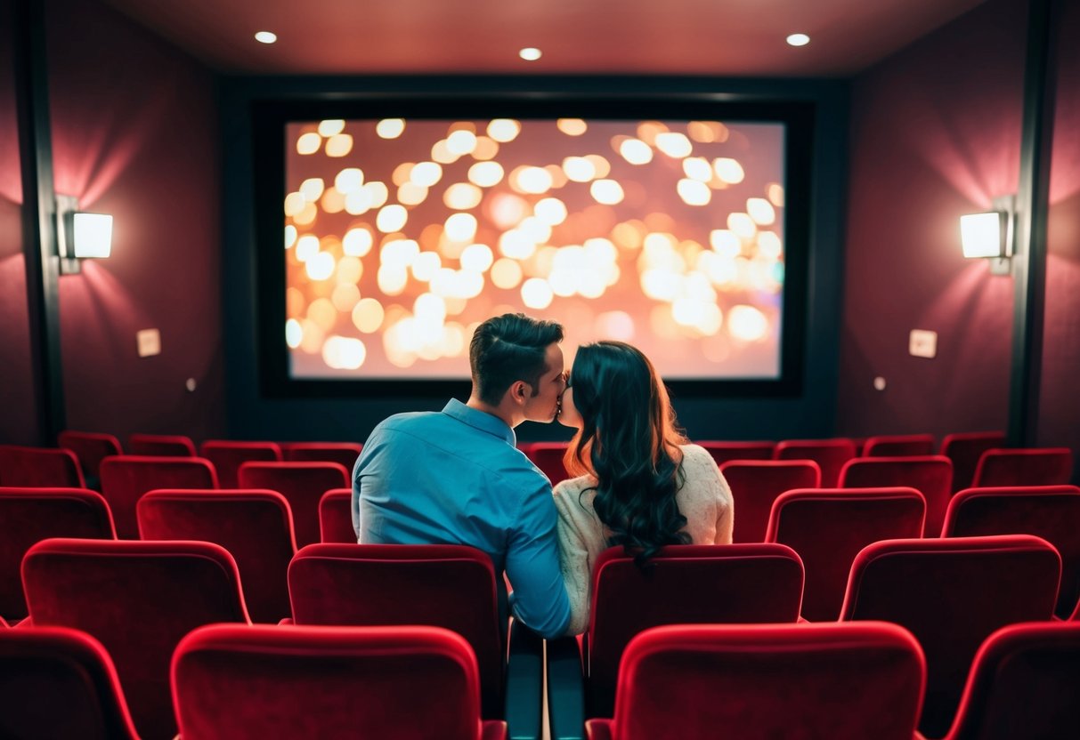 A couple sits in a dimly lit theater, surrounded by red velvet seats. The screen glows with the flickering images of a romantic film