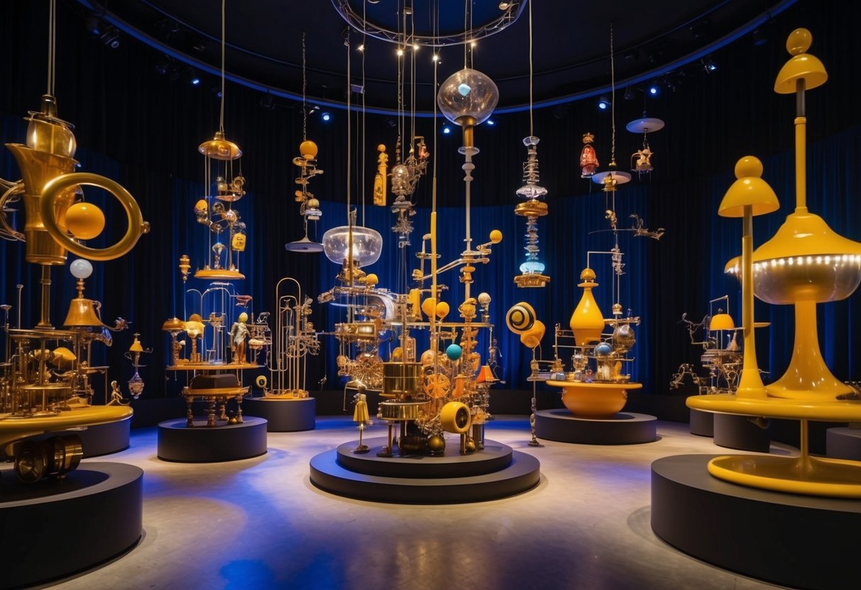 A mesmerizing display of moving sculptures and whimsical contraptions fills the dimly lit room, accompanied by the haunting melodies of a live music performance
