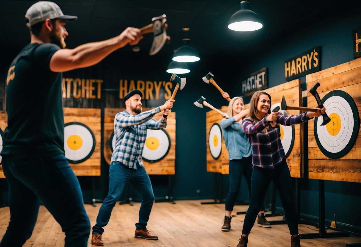 People at Hatchet Harry's throwing axes at targets in a dimly lit room with rustic decor