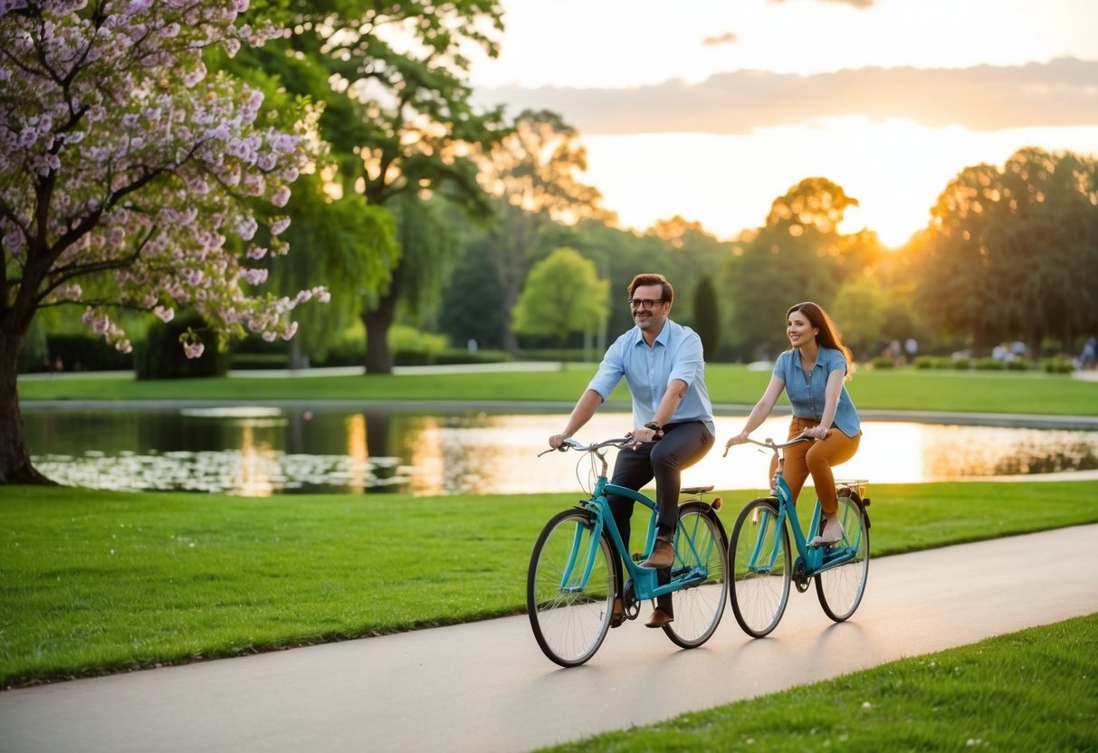 A couple rides bicycles through a lush park at sunset, passing by a tranquil pond and blooming flowers