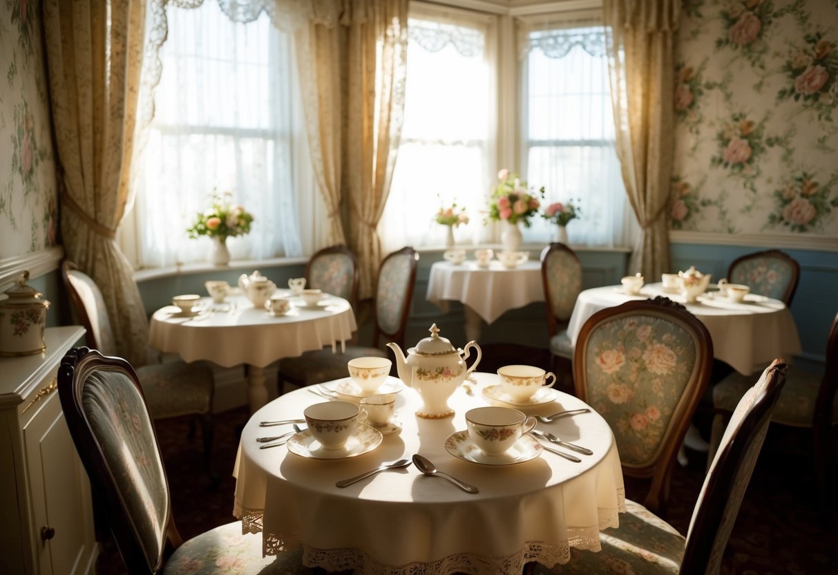 A cozy tea room with vintage decor, floral wallpaper, and mismatched furniture. Sunlight streams in through lace curtains, casting a warm glow on the tables set with delicate teacups and saucers