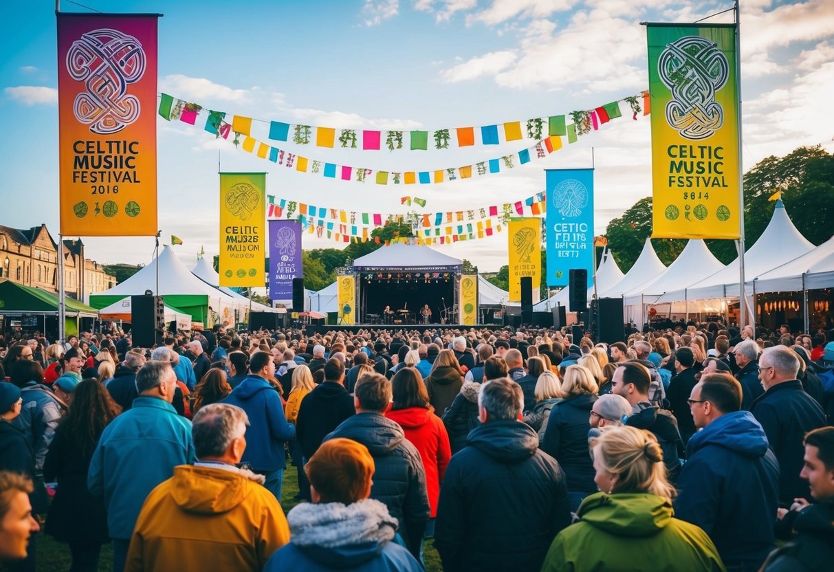 A lively Celtic music festival in Glasgow, with colorful banners, stages, and crowds of people enjoying the music