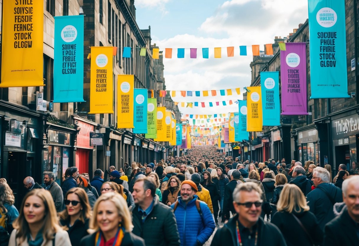 A bustling street filled with colorful banners and lively music, as people explore the Southside Fringe Festival in Glasgow