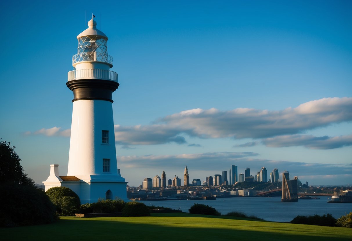 A picturesque lighthouse stands tall against a backdrop of the Glasgow skyline, surrounded by lush greenery and a clear blue sky