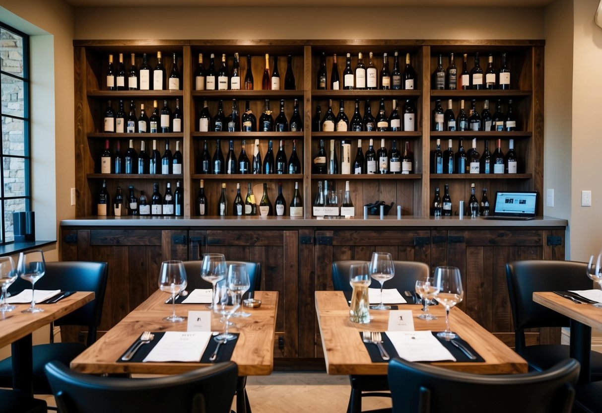 A cozy wine tasting room with shelves of bottles, a rustic wooden bar, and small tables set with glasses and tasting notes