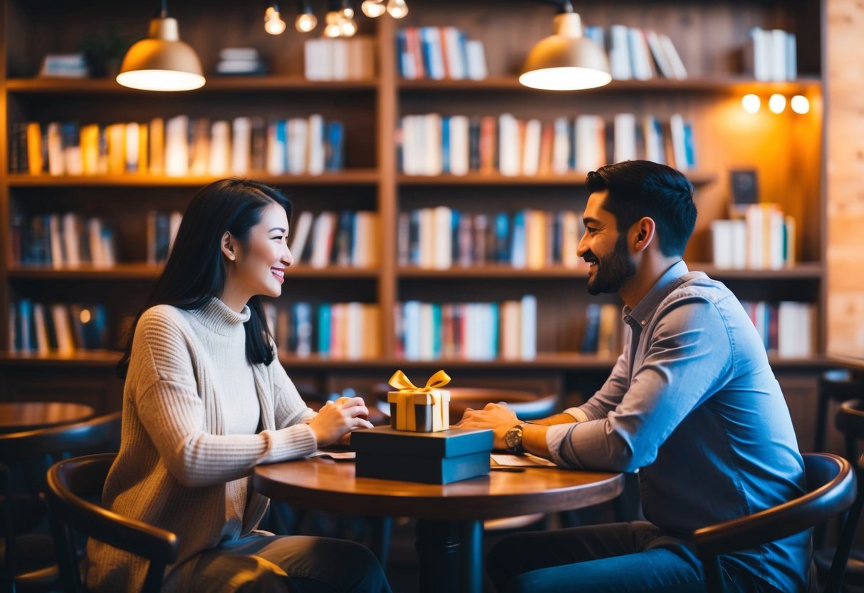 A cozy coffee shop with two people sharing a table, surrounded by books and warm lighting. A small gift box sits on the table