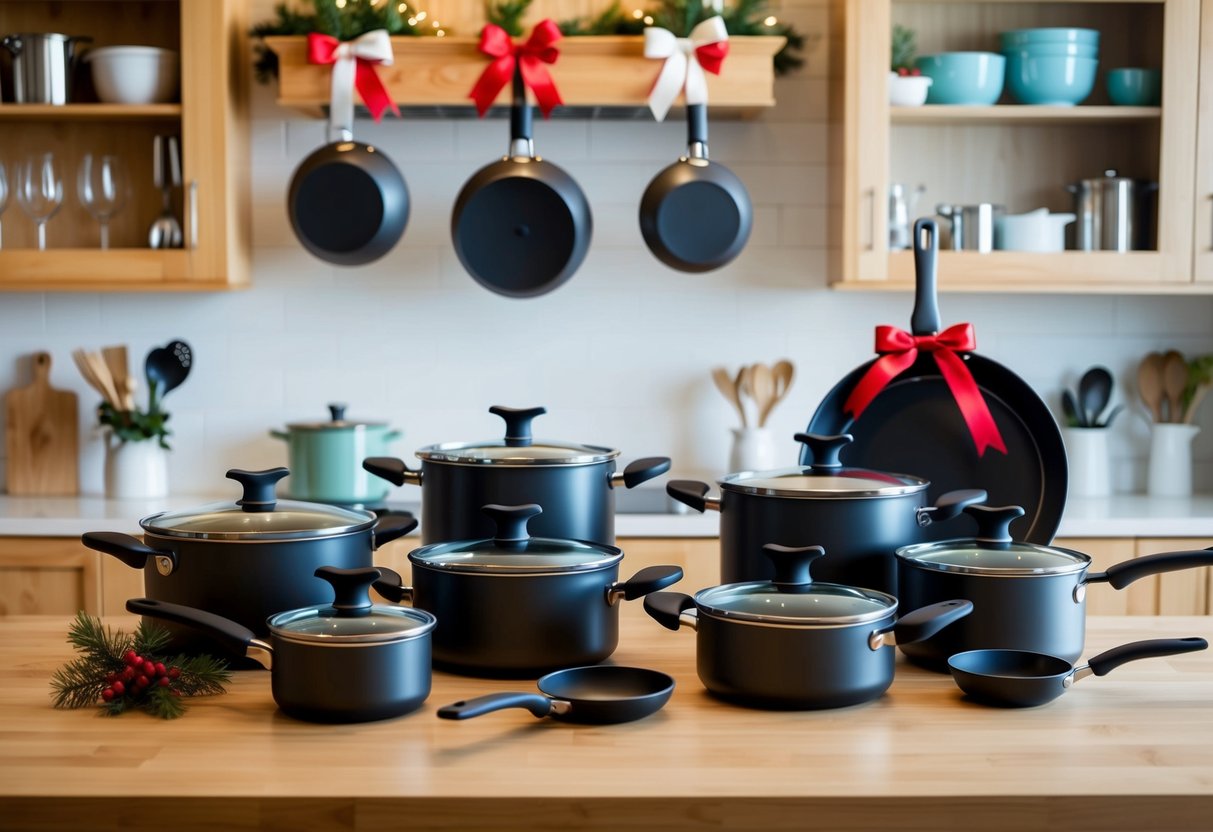 A beautifully arranged cookware set with pots, pans, and utensils displayed on a kitchen counter, adorned with a festive ribbon and bow