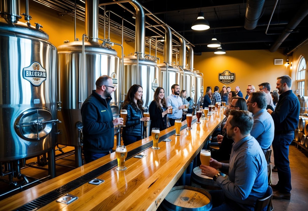 A bustling brewery tour with shiny equipment, large fermenting tanks, and rows of wooden barrels. Visitors sample freshly brewed beers in a cozy tasting room