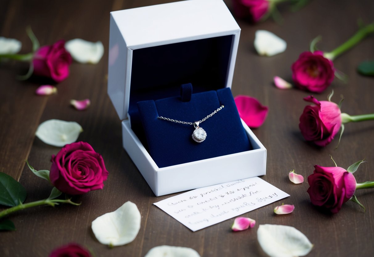 A jewelry box with a custom necklace and bracelet, surrounded by scattered rose petals and a handwritten love note
