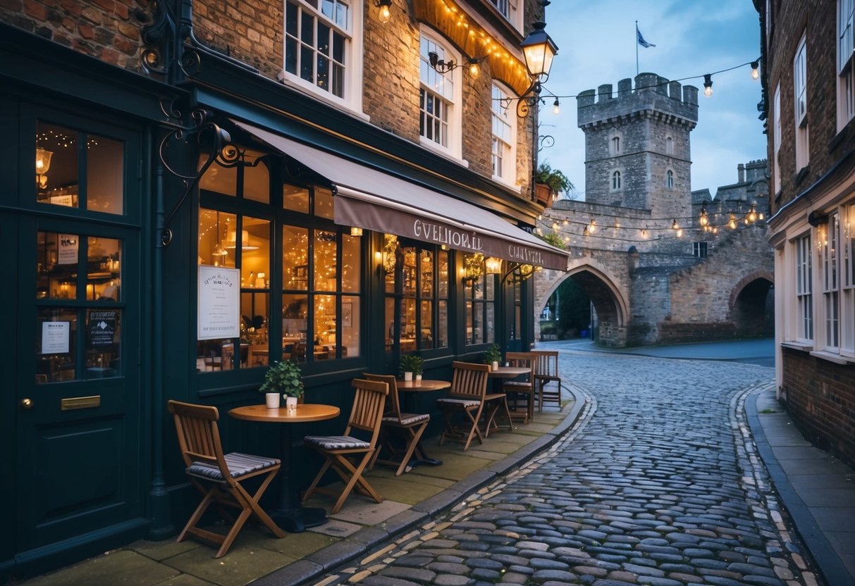 A cozy café nestled in a charming cobblestone alley, with twinkling fairy lights and a view of the historic Guildford Castle