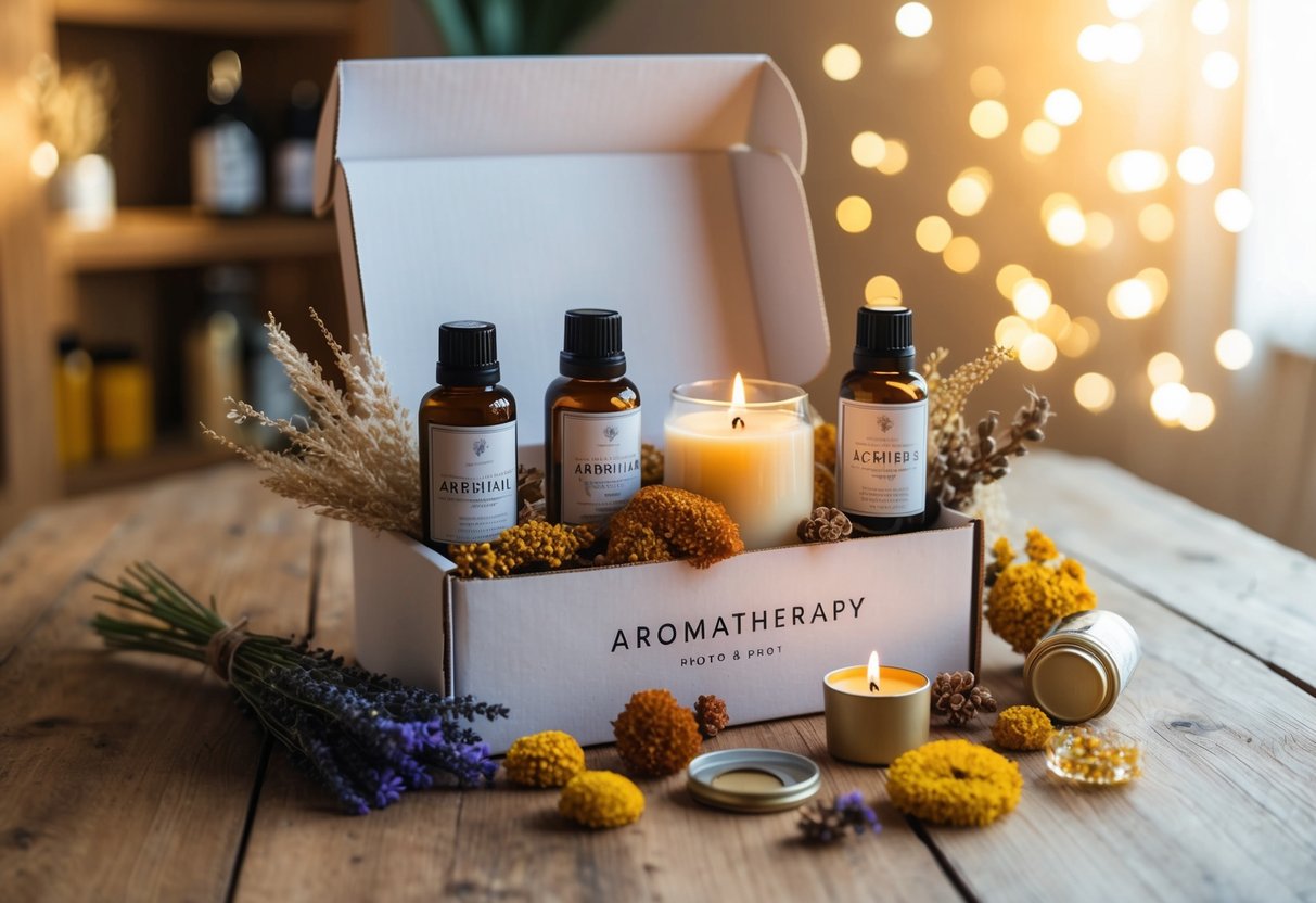 An open box displays various aromatherapy bottles, candles, and dried flowers arranged on a wooden table