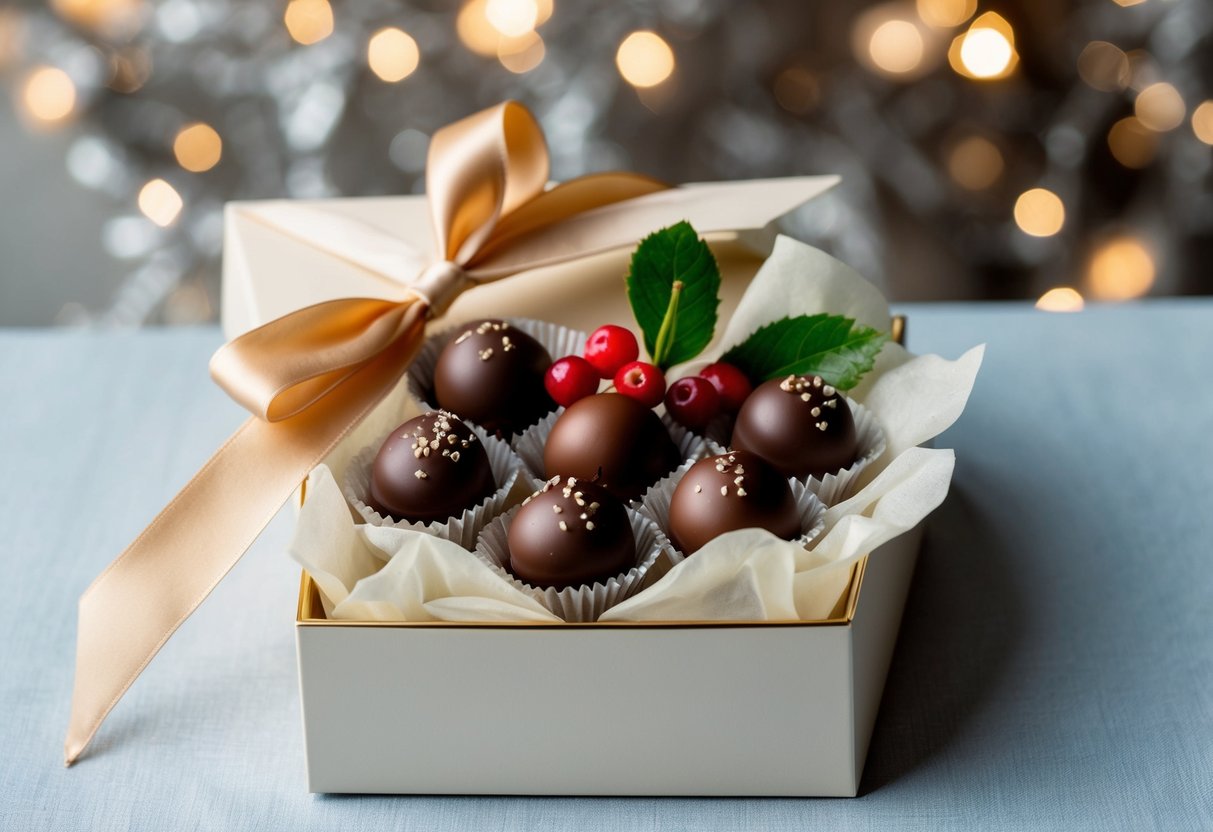 A luxurious box of gourmet chocolates nestled in a bed of delicate tissue paper, adorned with a satin ribbon and a sprig of fresh berries