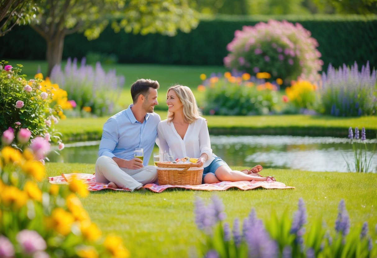A couple picnicking in a peaceful garden, surrounded by blooming flowers and a serene pond