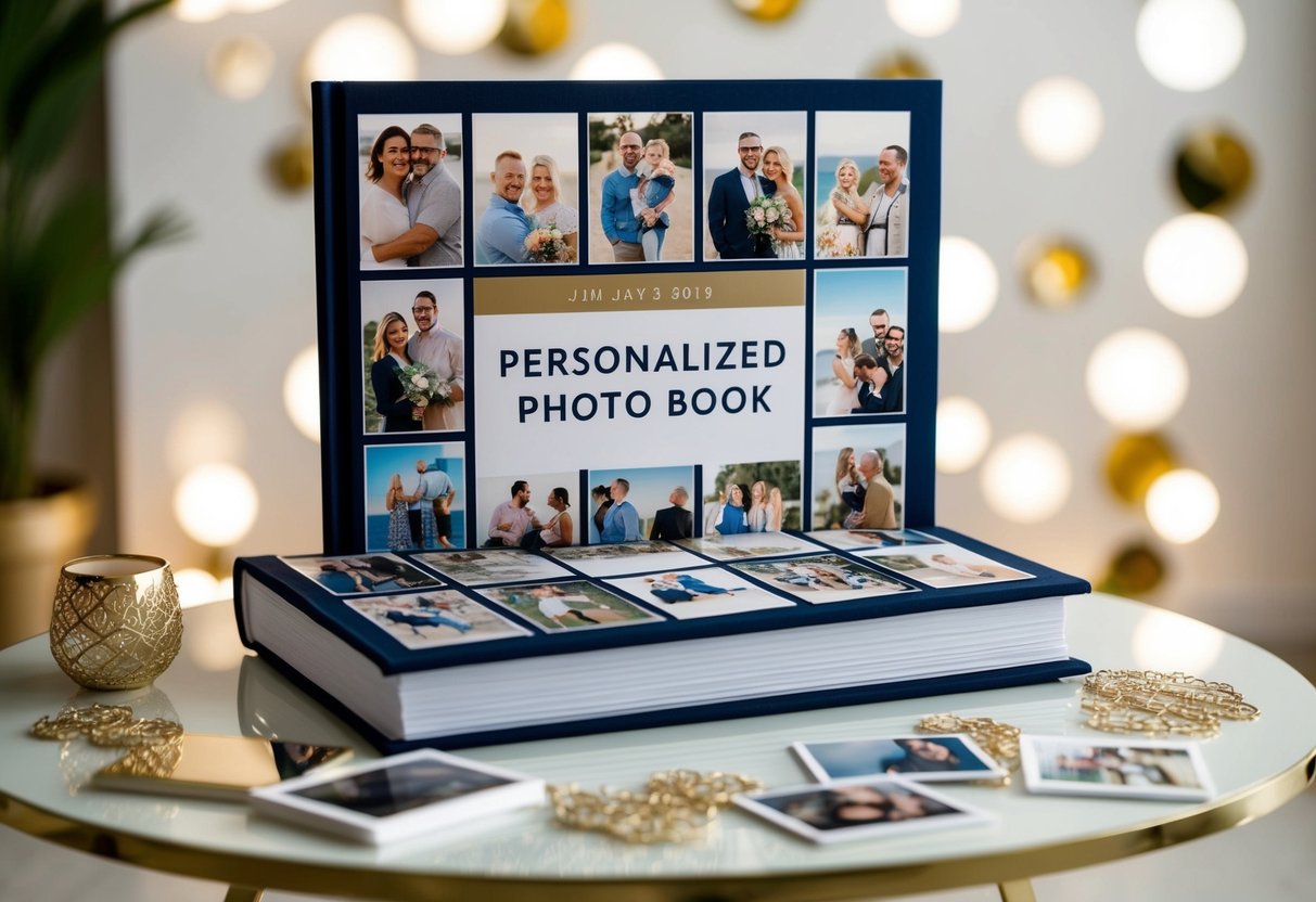 A personalized photo book with images of special dates, such as anniversaries and birthdays, arranged creatively on a table with decorative elements