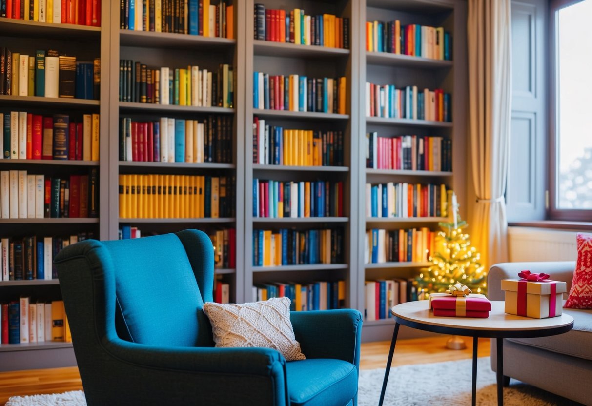 A cozy living room with a bookshelf filled with colorful books, a comfortable armchair, and a table with a hot drink and a wrapped gift box