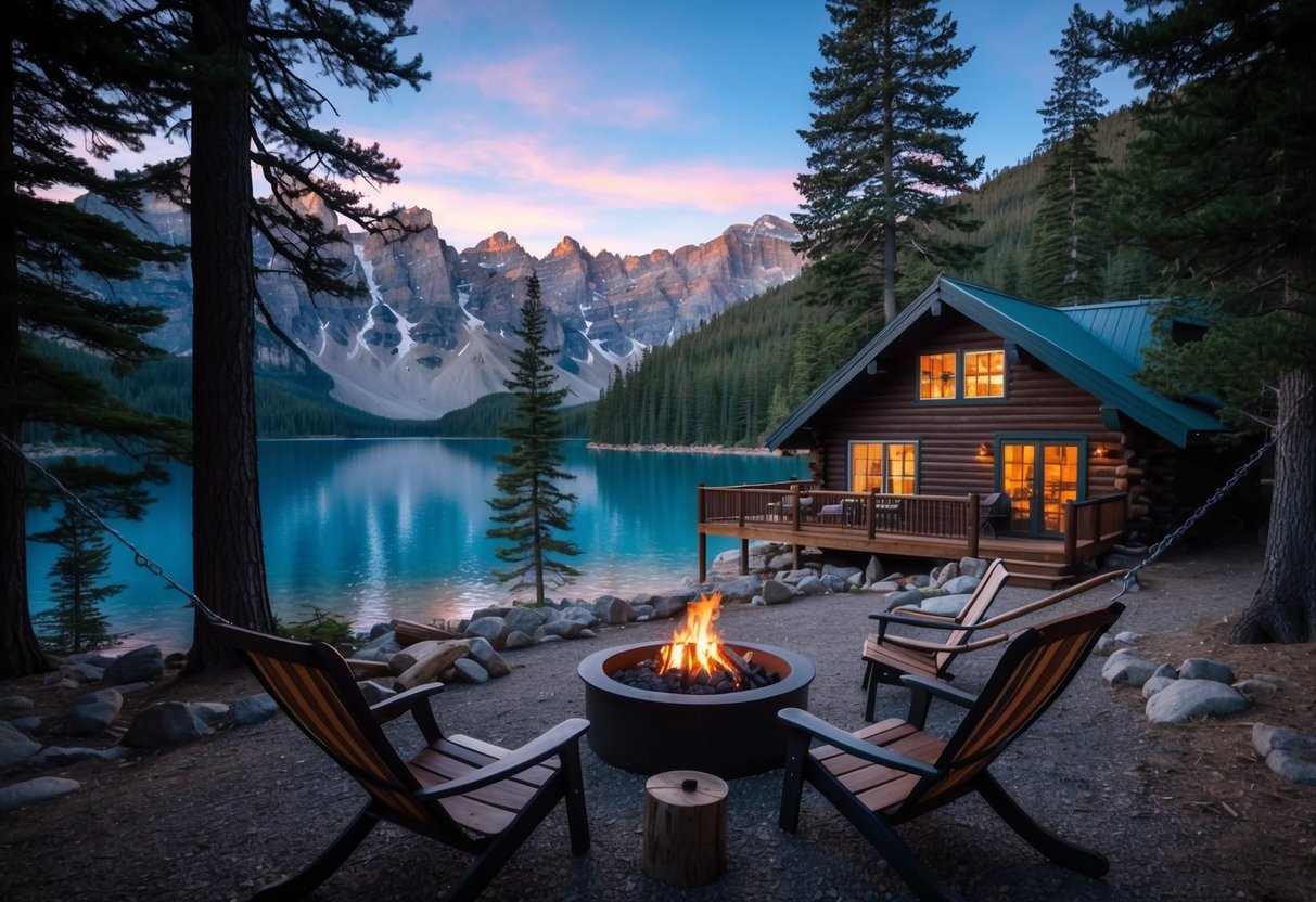 A cozy cabin nestled in the mountains, surrounded by tall pine trees and a glistening lake, with a crackling fire pit and a hammock swaying in the breeze