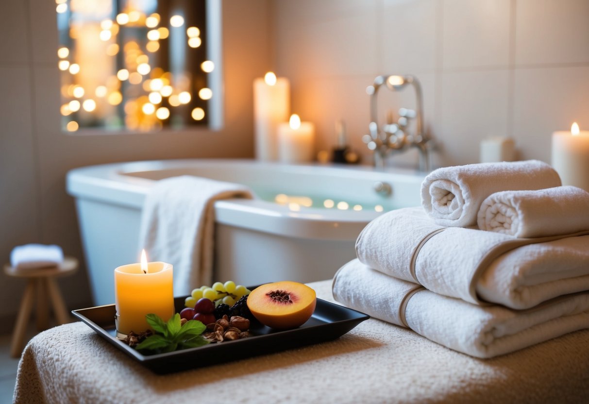 A serene spa room with a cozy robe, fluffy towels, and a soothing candlelit bath. A tray of fresh fruit and herbal tea sits nearby