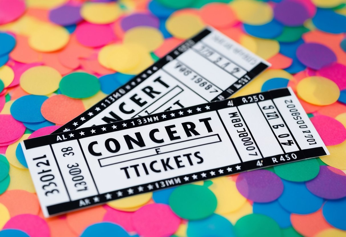 A pair of concert tickets surrounded by colorful confetti and music notes