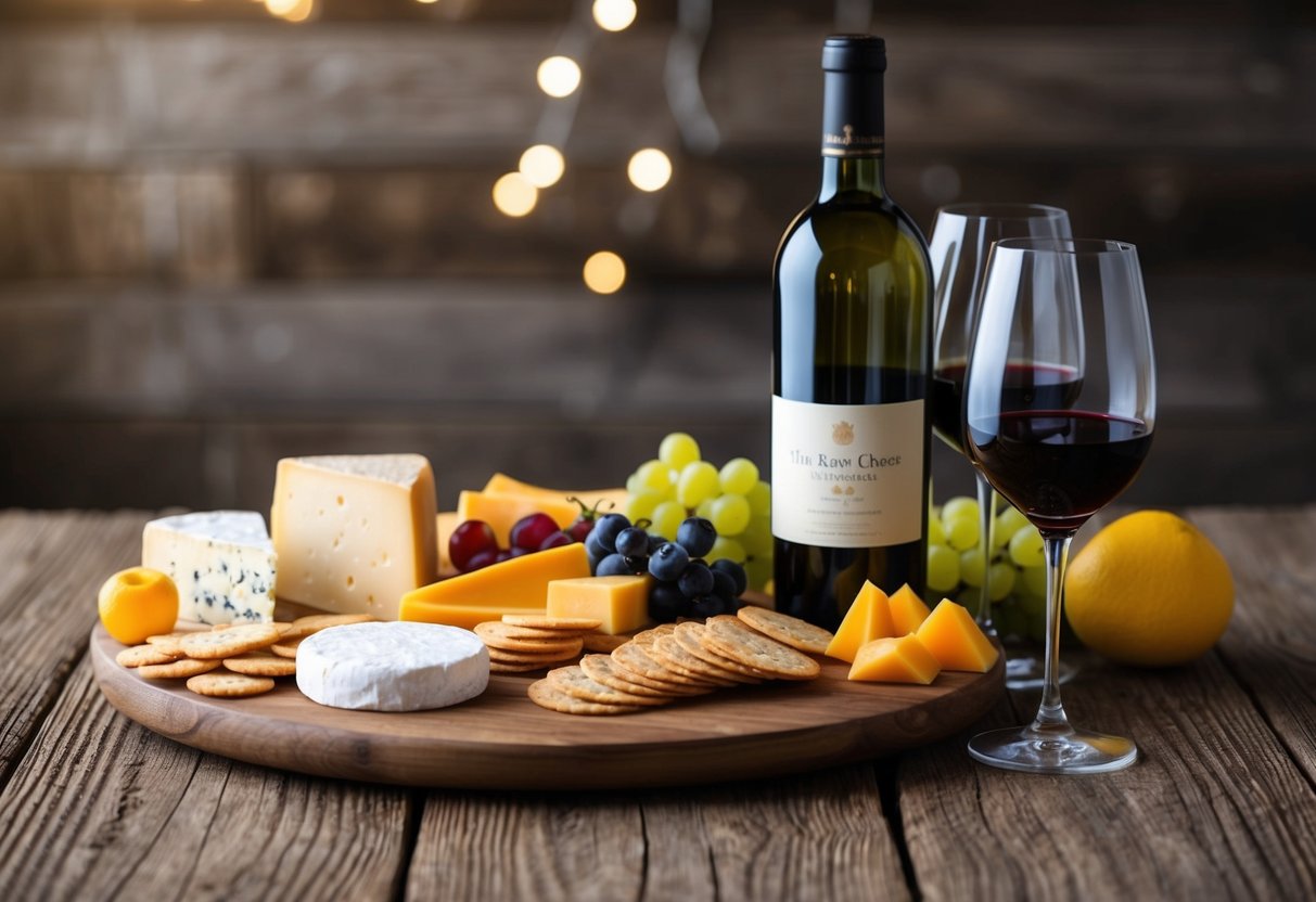 A rustic wooden table set with an assortment of artisan cheeses, crackers, and fruit, accompanied by a bottle of wine and two elegant wine glasses