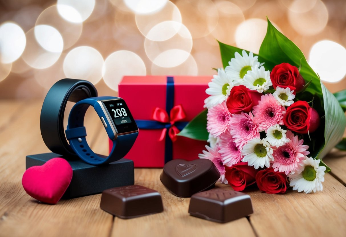 A fitness tracker surrounded by a heart-shaped box of chocolates and a bouquet of flowers