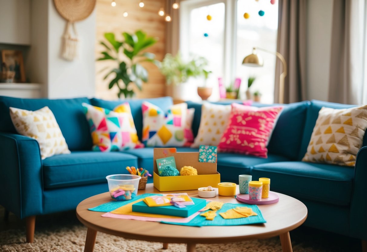 A cozy living room with a coffee table set up for a DIY craft kit date, complete with colorful supplies and a warm, inviting atmosphere
