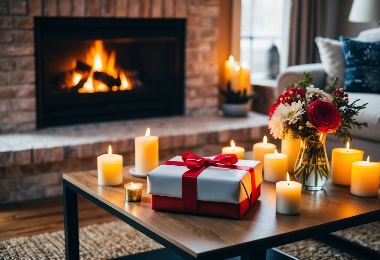 A cozy living room with a crackling fireplace, a beautifully wrapped gift sitting on a coffee table, surrounded by flickering candles and a vase of fresh flowers