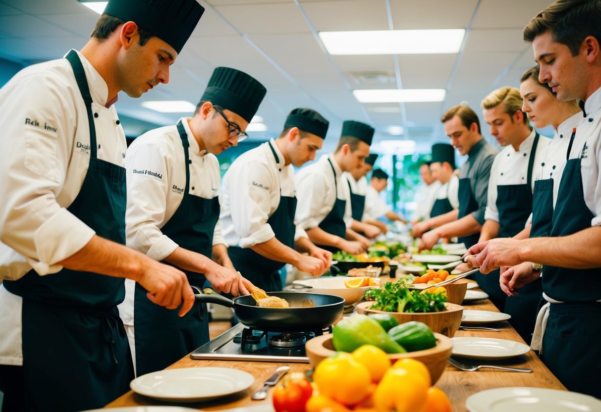 A bustling cooking class at Spirit House Palmwoods, with chefs demonstrating techniques and students eagerly following along