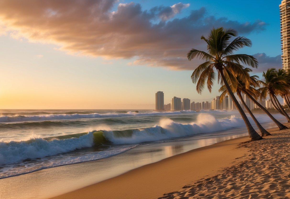 A golden beach at sunset, waves crashing against the shore. Palm trees swaying in the breeze, with a backdrop of high-rise buildings and a colorful sky