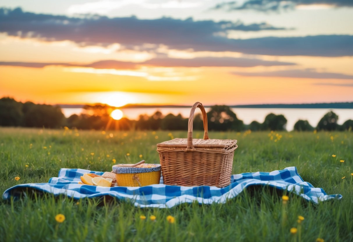 A picnic in a grassy field with a blanket, basket, and a view of the sunset over a lake