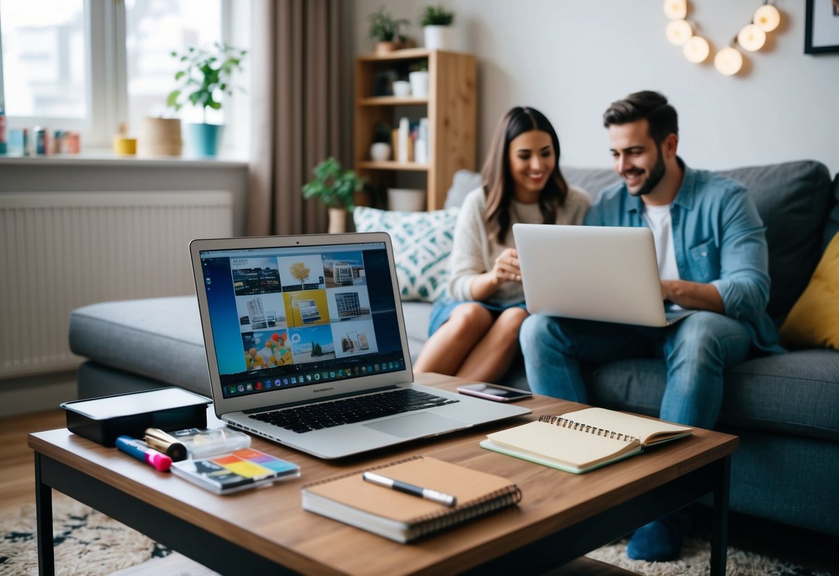 A cozy living room with a laptop open on a coffee table, surrounded by art supplies and a notebook. A couple watches a YouTube tutorial on date ideas at home