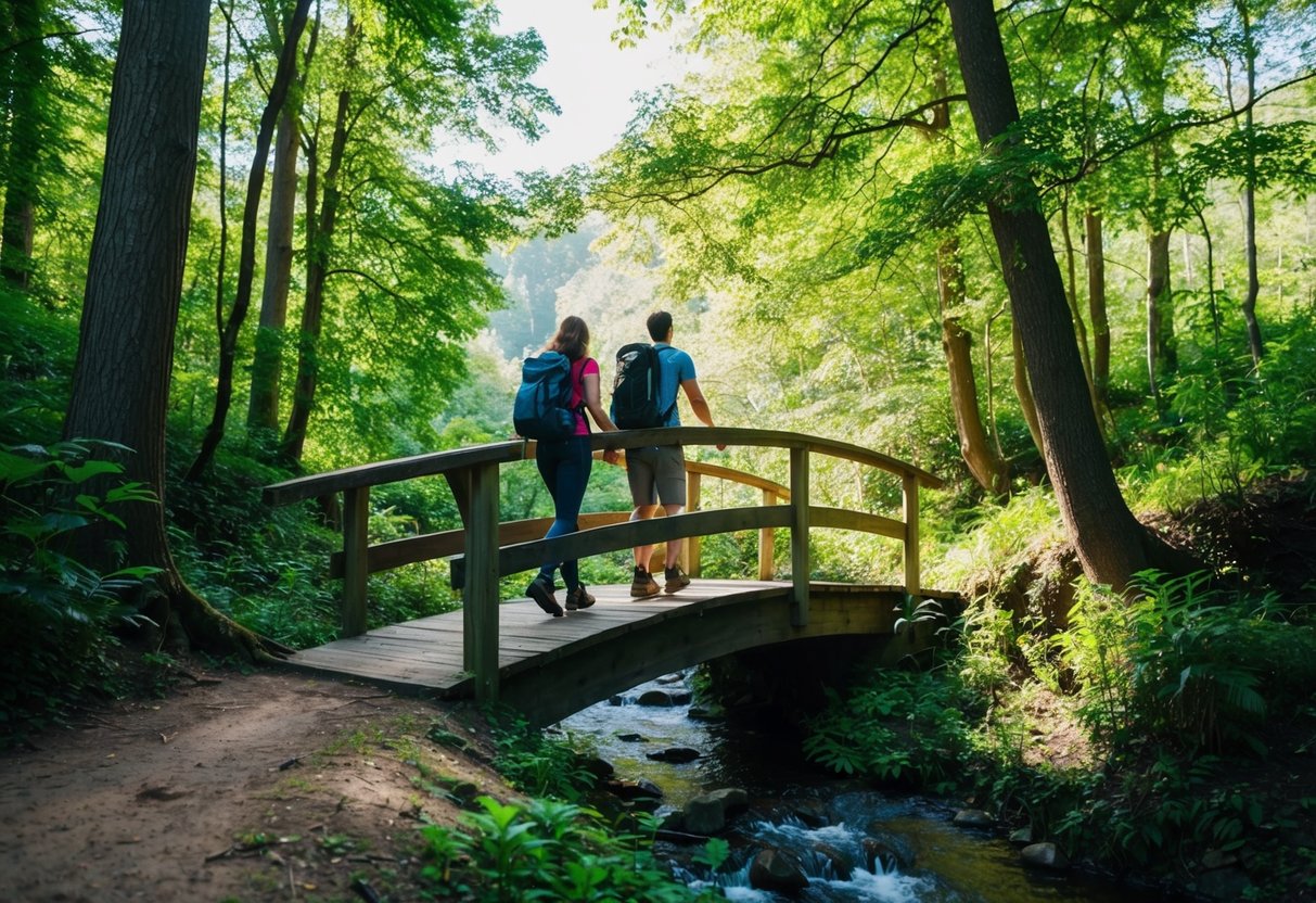 A couple hikes through a lush forest, crossing a wooden bridge over a babbling stream. Sunlight filters through the trees, casting dappled shadows on the path