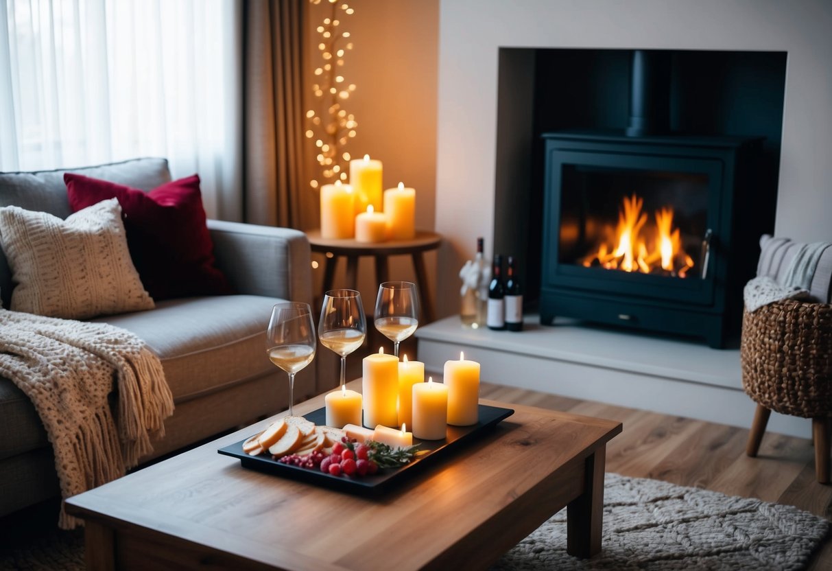 A cozy living room with soft lighting, a crackling fireplace, and a spread of candles on the coffee table. Wine glasses and a charcuterie board sit on the floor next to a plush blanket and pillows