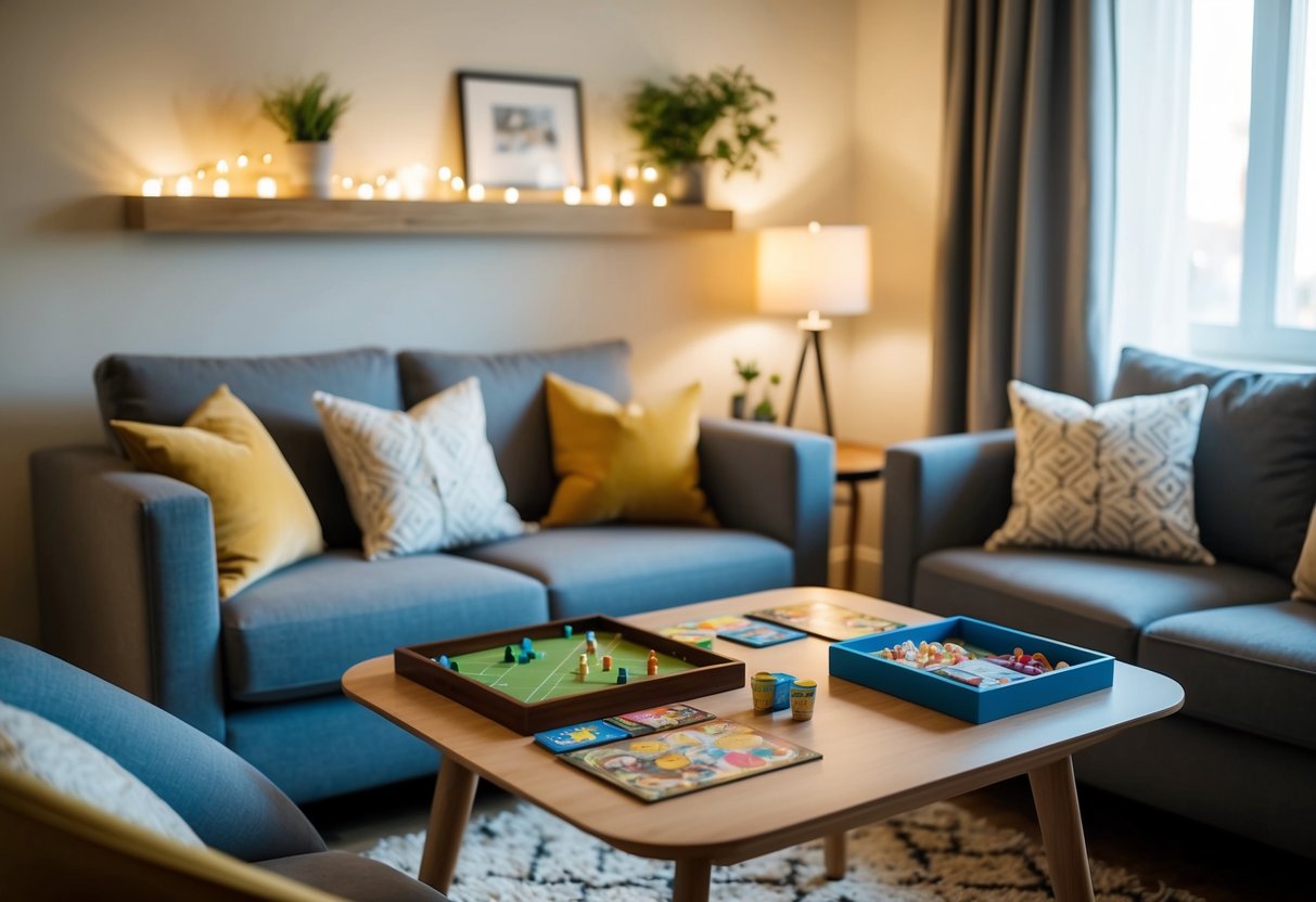 A cozy living room with a table set for two, board games and snacks. Soft lighting and comfortable seating create a warm and inviting atmosphere