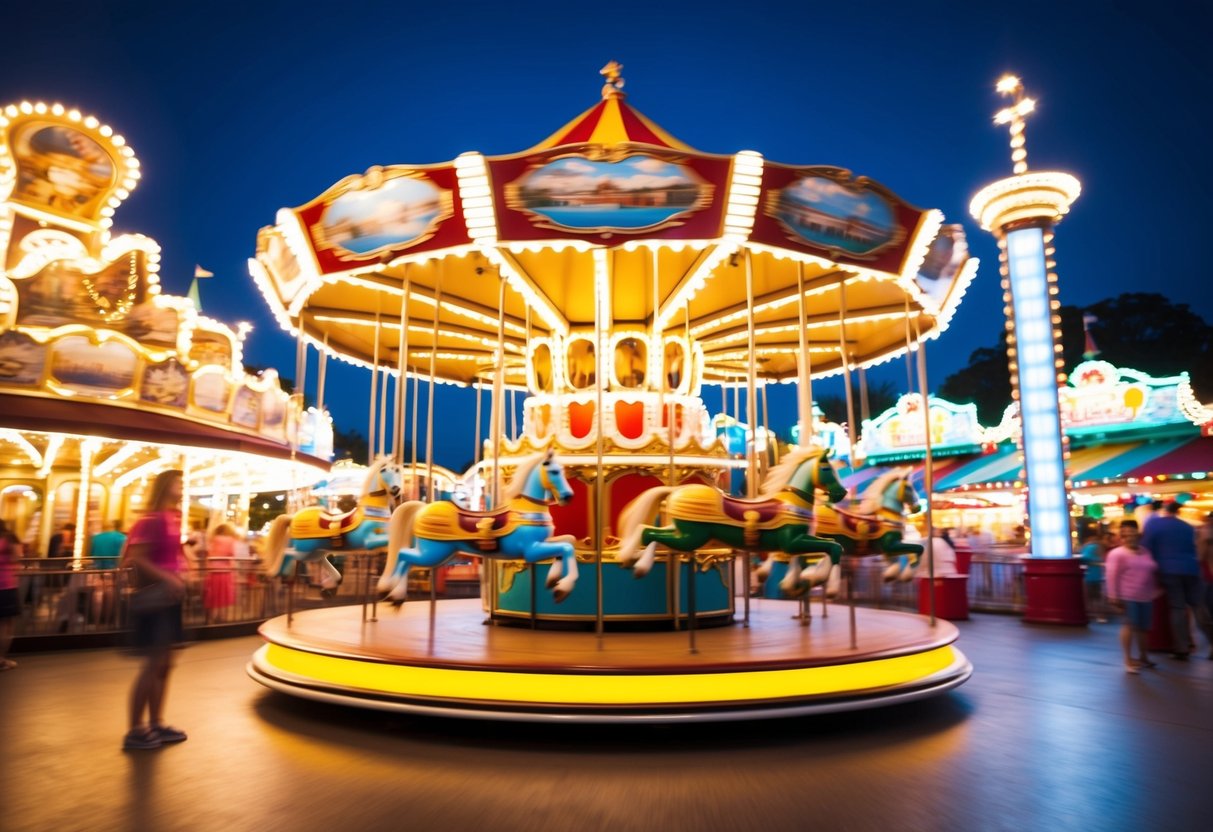 A colorful carousel spinning with joyful riders, surrounded by bright lights and laughter-filled attractions at a bustling theme park