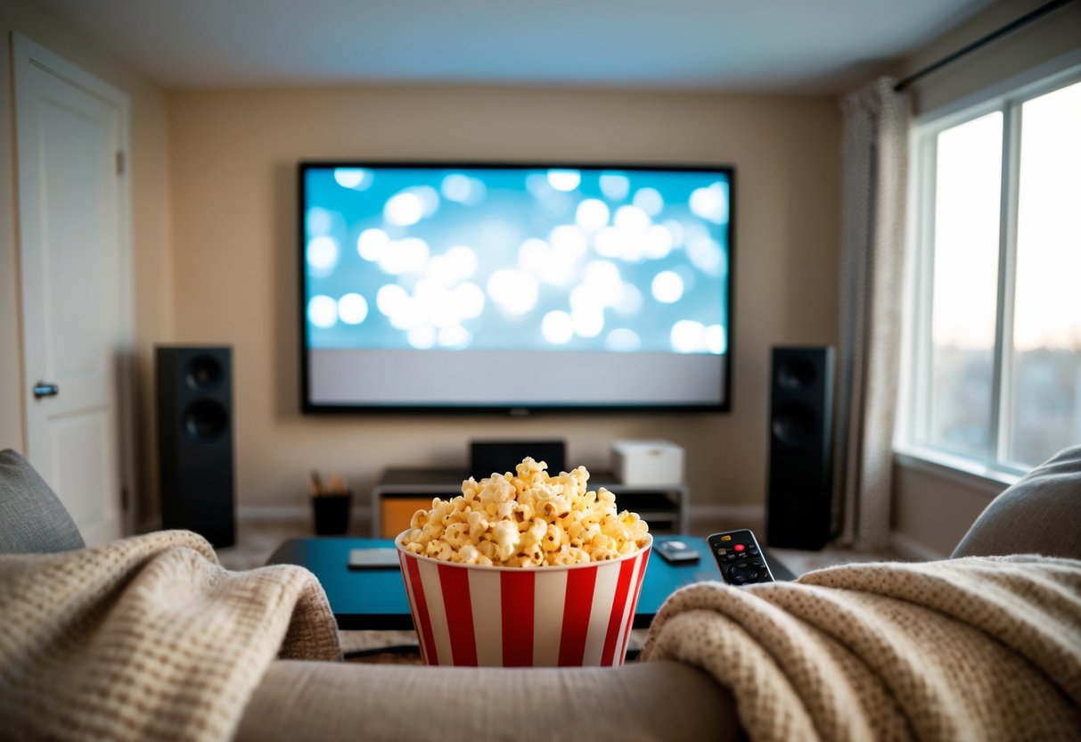 A cozy living room with a big screen, popcorn, and blankets