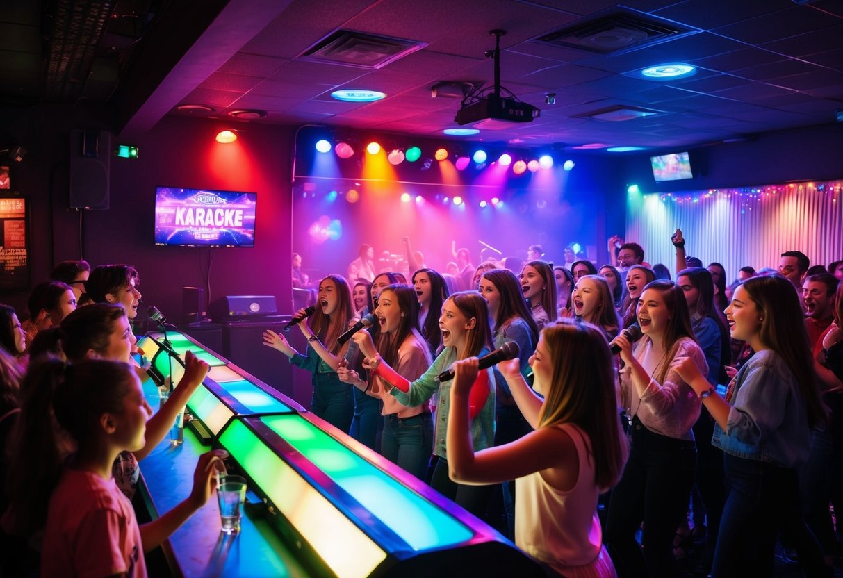 A dimly lit karaoke bar with colorful stage lights and a crowd of teens singing and dancing