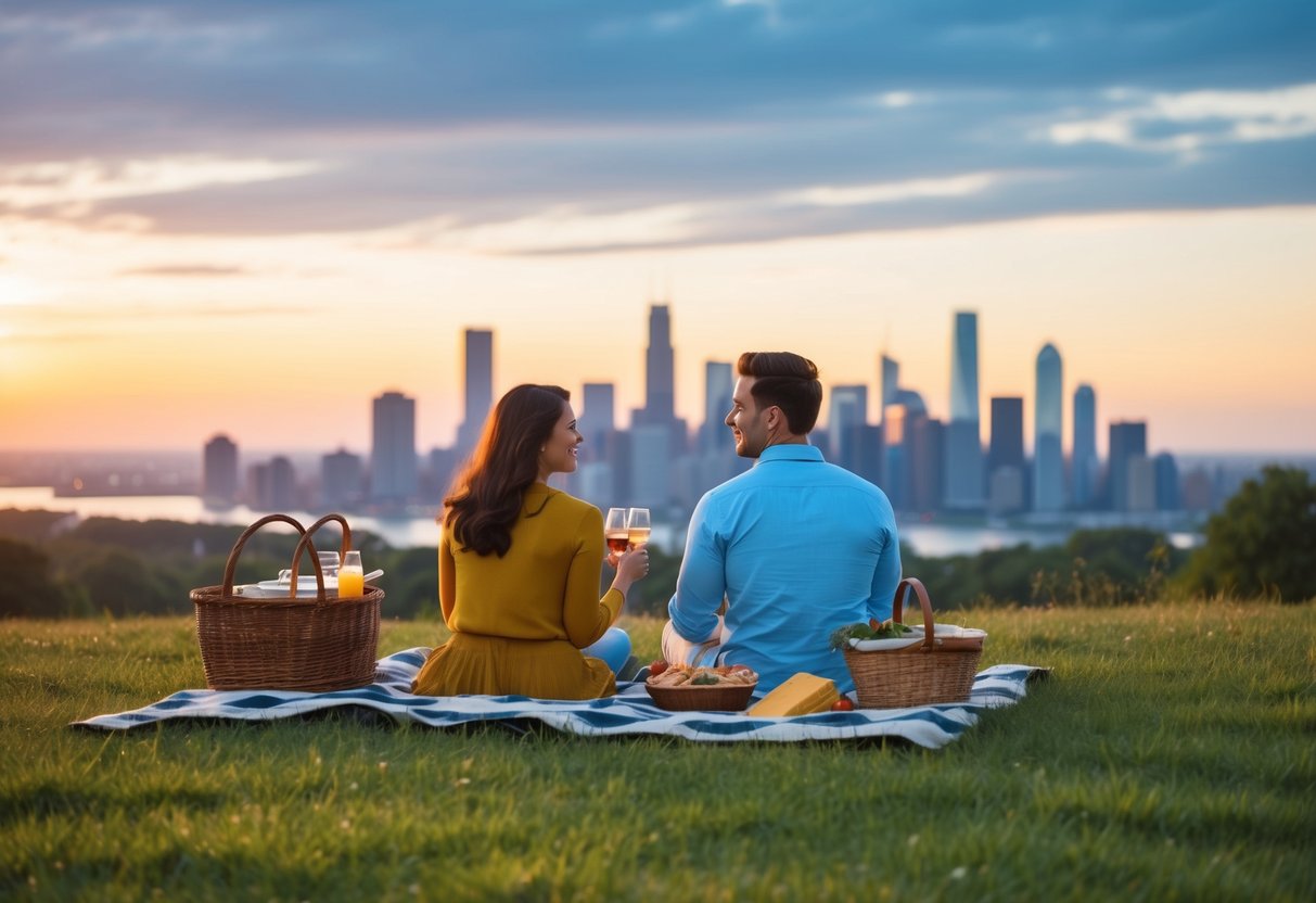 A couple picnicking on a grassy hill overlooking a sunset-lit city skyline, with a blanket spread out and a basket of food and drinks nearby
