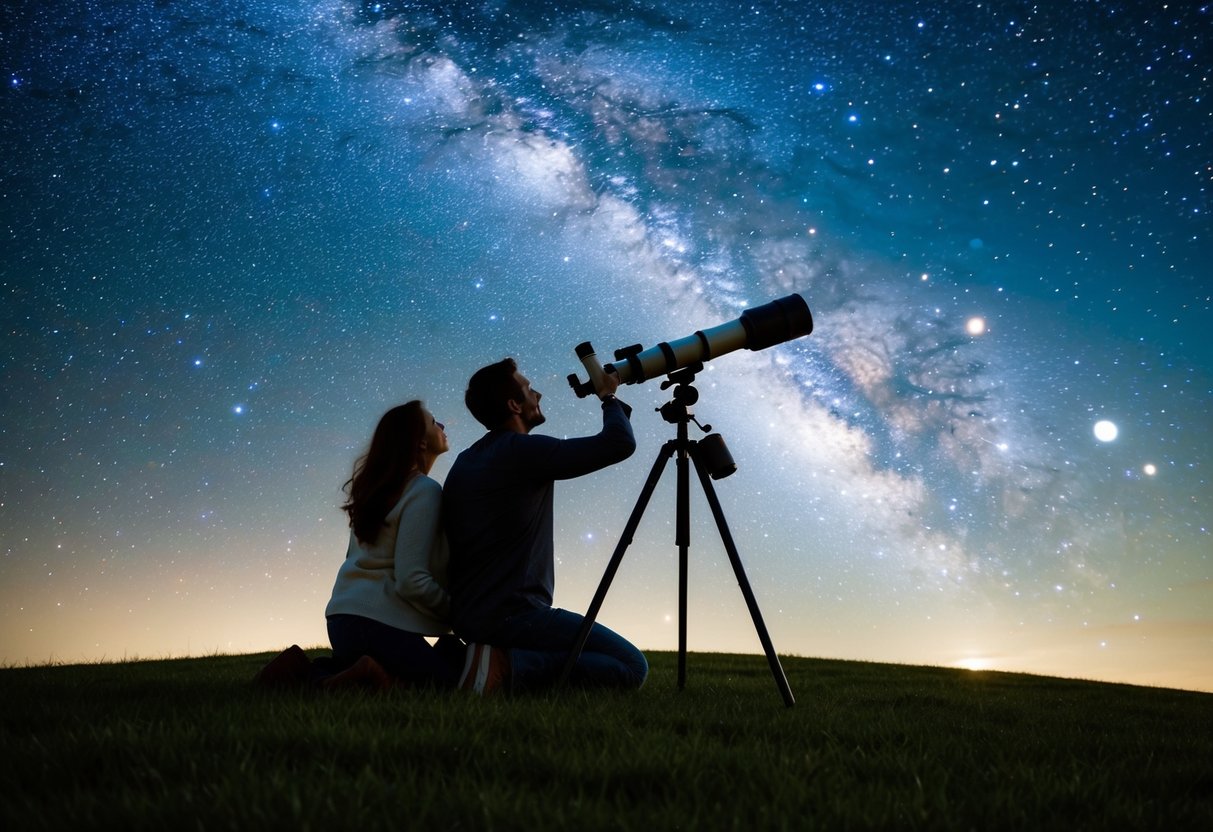 A couple stargazing with a telescope on a grassy hill under a starry night sky