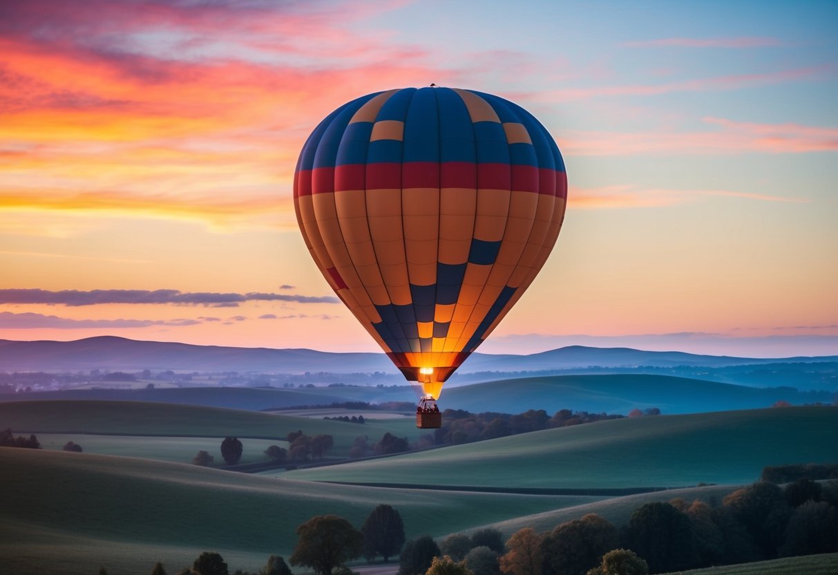 A colorful hot air balloon floats above a serene landscape, with rolling hills and a vibrant sunset in the background