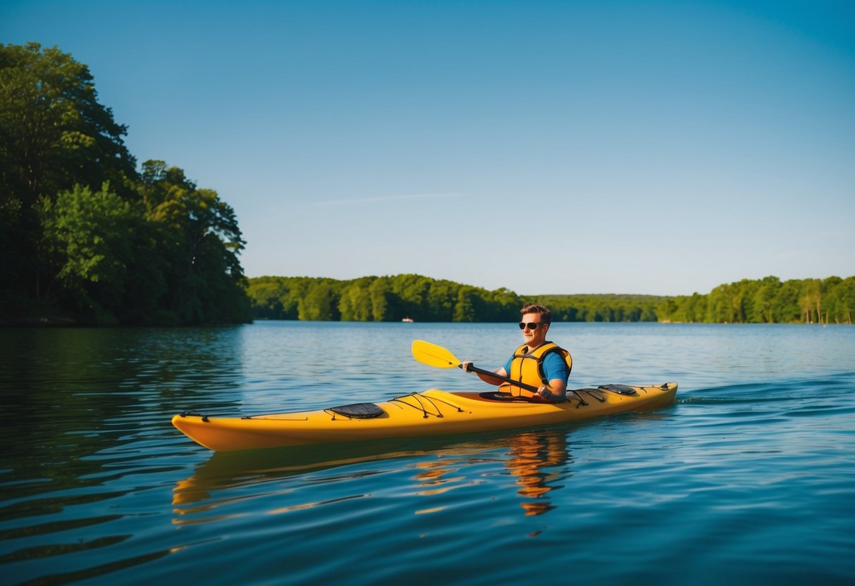 A kayak glides across a calm, glassy lake, surrounded by lush green trees and a clear blue sky