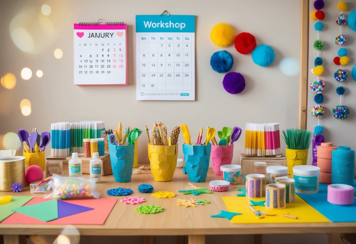 A table set with various craft supplies, surrounded by colorful decorations and examples of finished projects. A calendar with the workshop date circled hangs on the wall