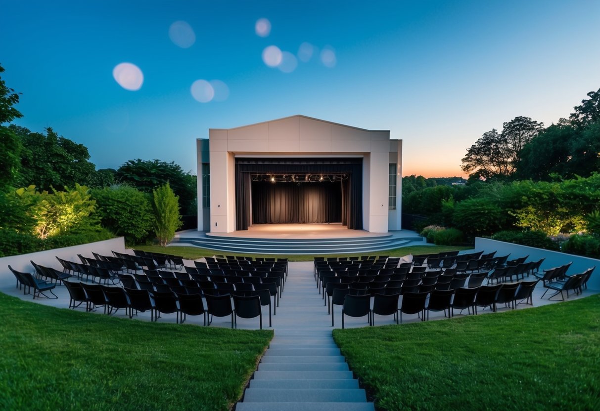 An outdoor theatre with a stage, surrounded by lush greenery and a clear night sky above