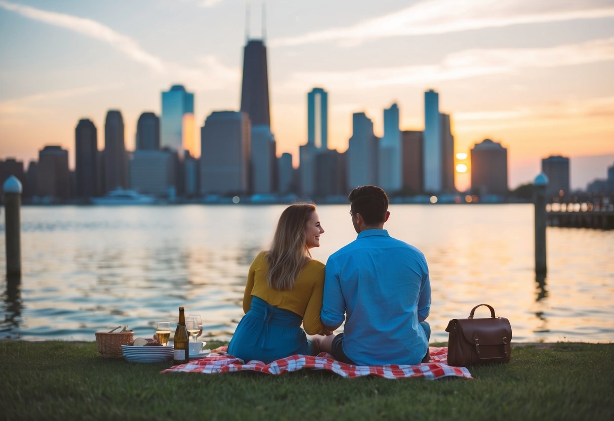 A couple picnicking by the waterfront at sunset, with the city skyline in the background