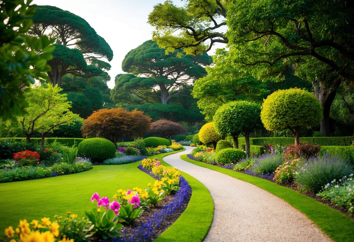 A tranquil path winds through lush gardens, with colorful flowers and towering trees creating a serene atmosphere