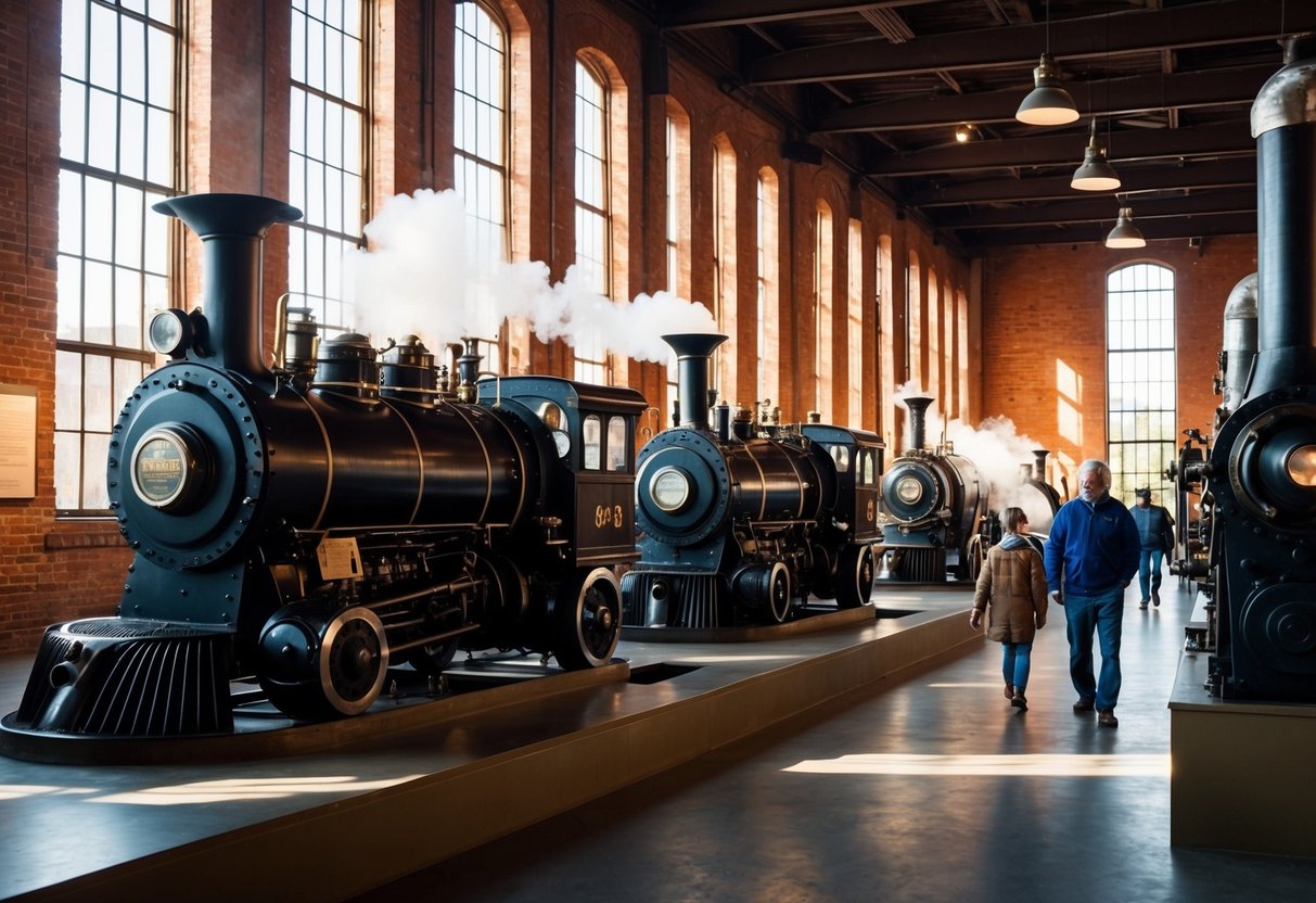 The museum's steam engines hum softly as visitors explore the industrial relics. Sunlight filters through tall windows, casting warm shadows on the metal machinery