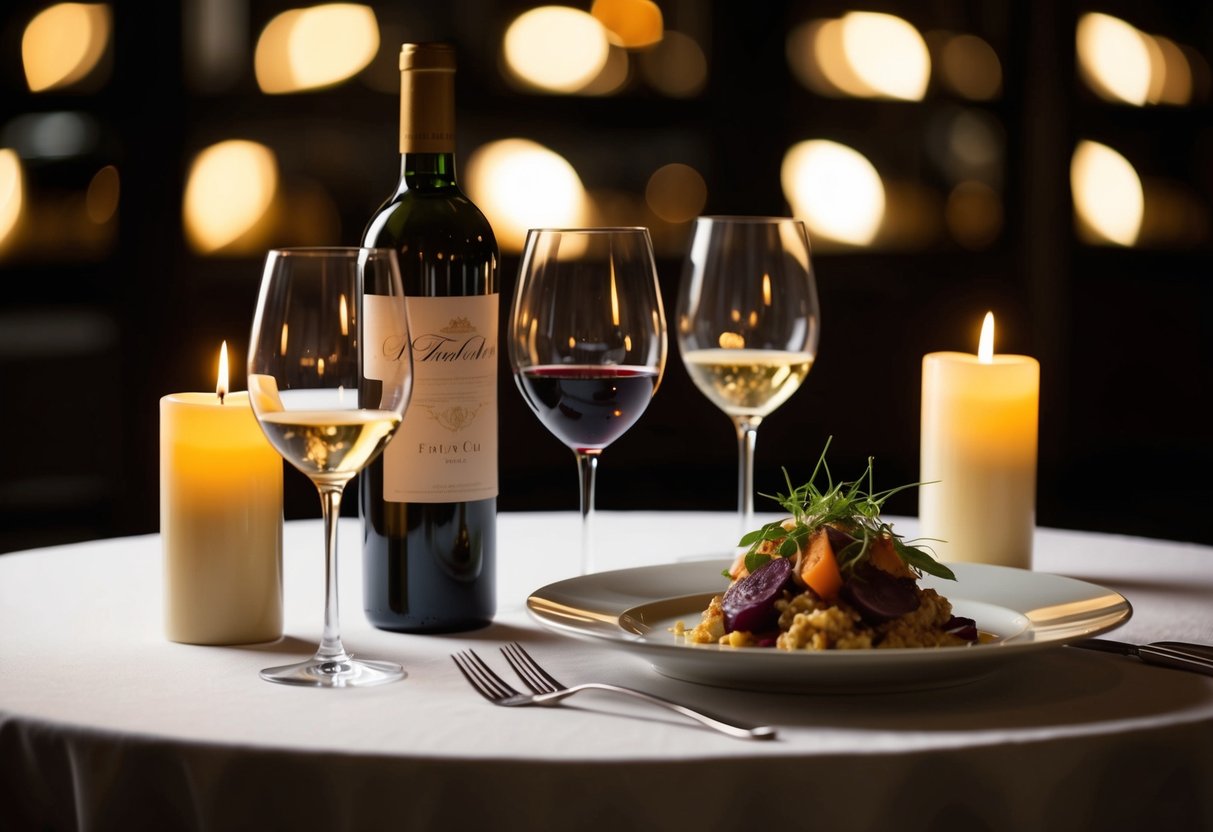 A candlelit table with a bottle of wine, two elegant wine glasses, and a plate of gourmet French cuisine