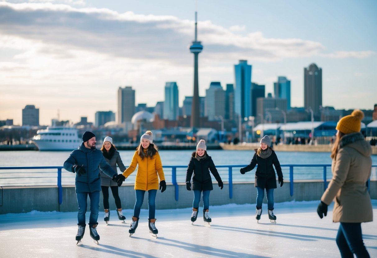 People ice skate at Pier 8 in Hamilton, with the waterfront and city skyline in the background