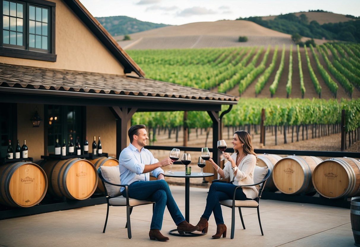 A rustic winery with rolling vineyards, a cozy outdoor patio, and wine barrels lining the walls. A couple enjoys a tasting experience with glasses of red and white wine in hand