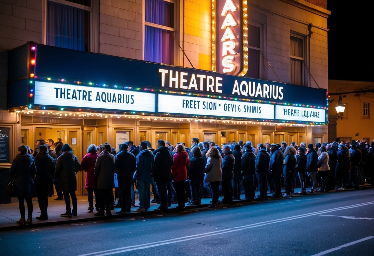 The exterior of Theatre Aquarius at night, with a crowd of people lining up outside the entrance, a marquee displaying the current show, and the building illuminated by colorful lights