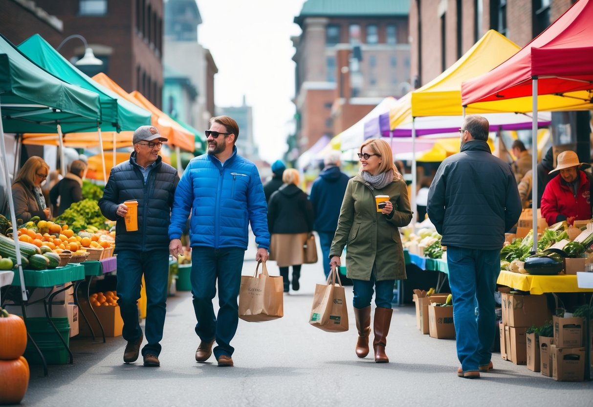 Visitors stroll among colorful stalls at Hamilton Farmers' Market, sampling fresh produce and chatting with vendors